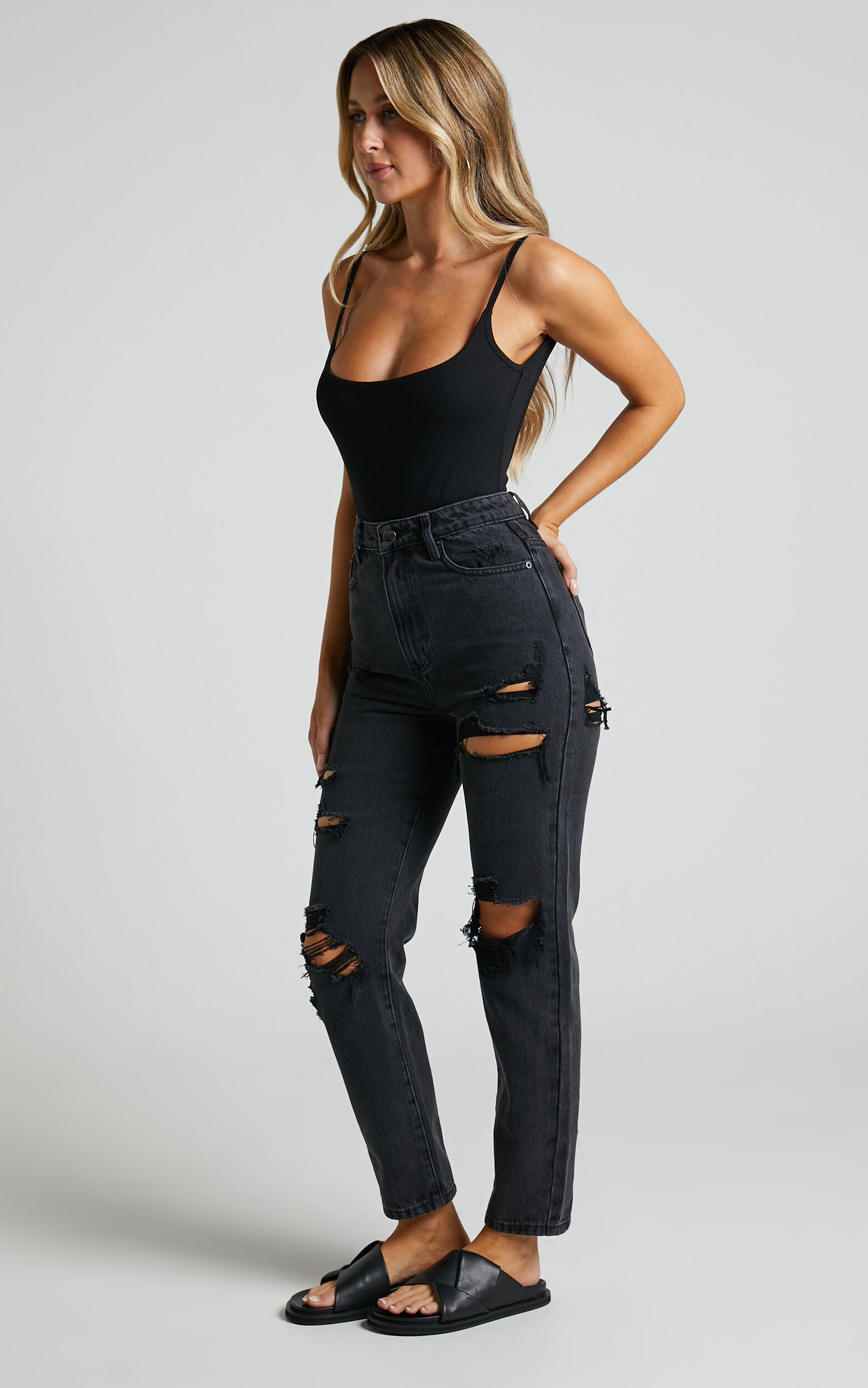 Billie Jeans High Waisted Cotton Distressed Mom Denim Jeans in