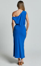 Jacqueline Midi Dress - Linen Look One Shoulder Dress in Cobalt | Showpo USA