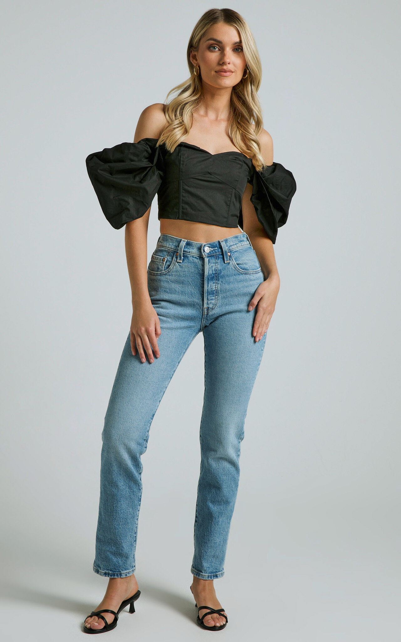Shona Top Off Shoulder Sweetheart Neck Puff Sleeve in Black Showpo