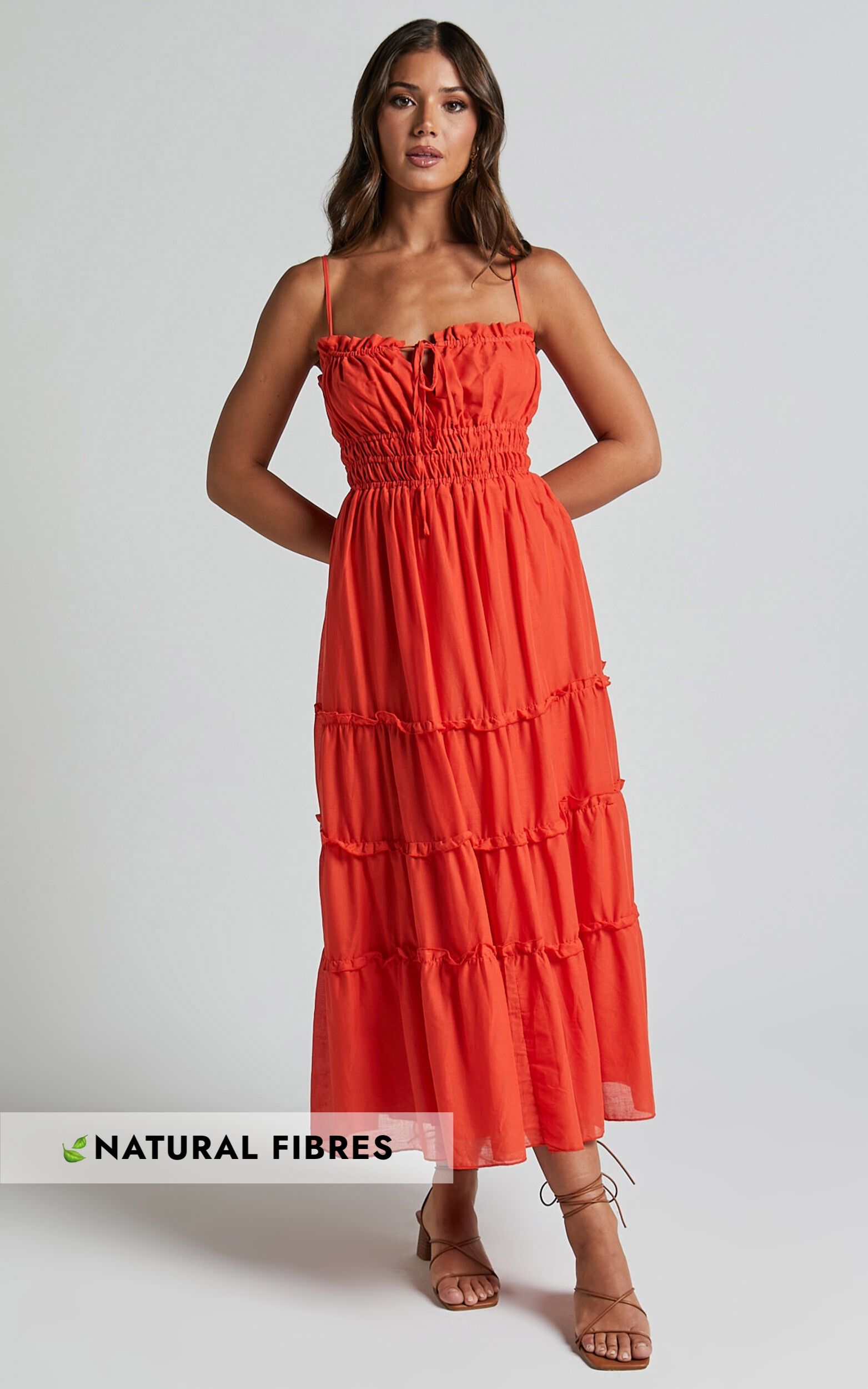 Schiffer Midi Dress - Strappy Ruched Tie Front Tiered Dress in Red Orange - 04, ORG2