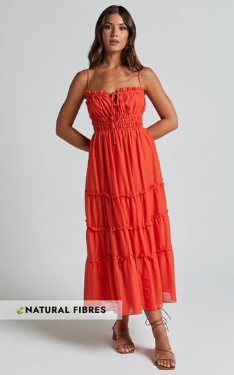 Schiffer Midi Dress - Strappy Ruched Tie Front Tiered Dress in Red Orange