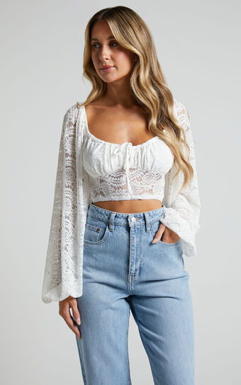 Mehca Top - Lace Blouson Sleeve Crop Top in White