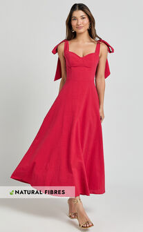 Tymia Midi Dress - Shoulder Tie Bustier Shirred Back A Line in Red
