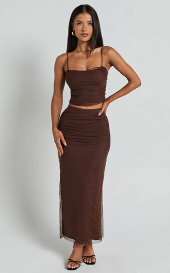 Layla Two Piece Set - Ruched Crop Top and Midi Skirt Mesh Set in Chocolate Brown