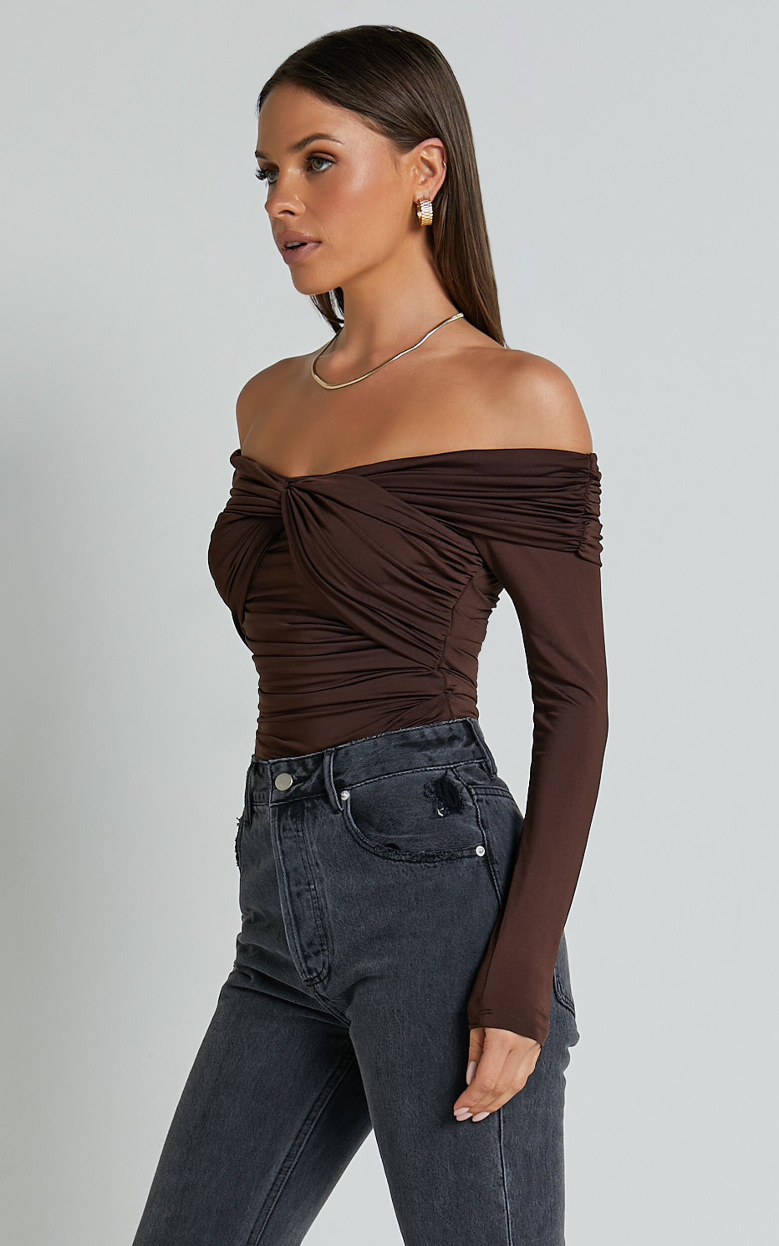 Shamaira Bodysuit - Twist Front Off Shoulder Long Sleeve in Brown | Showpo USA