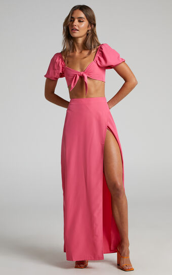 Cyria Two Piece Set - Tie Front Puff Sleeve Crop Top and Midi Skirt Set in Pink