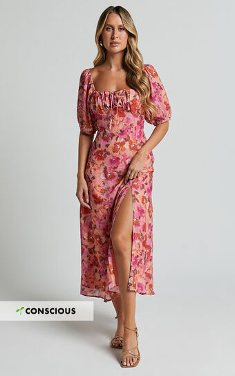 Austen Midi Dress - Short Puff Sleeve Thigh Split Dress in Apricot Blossom