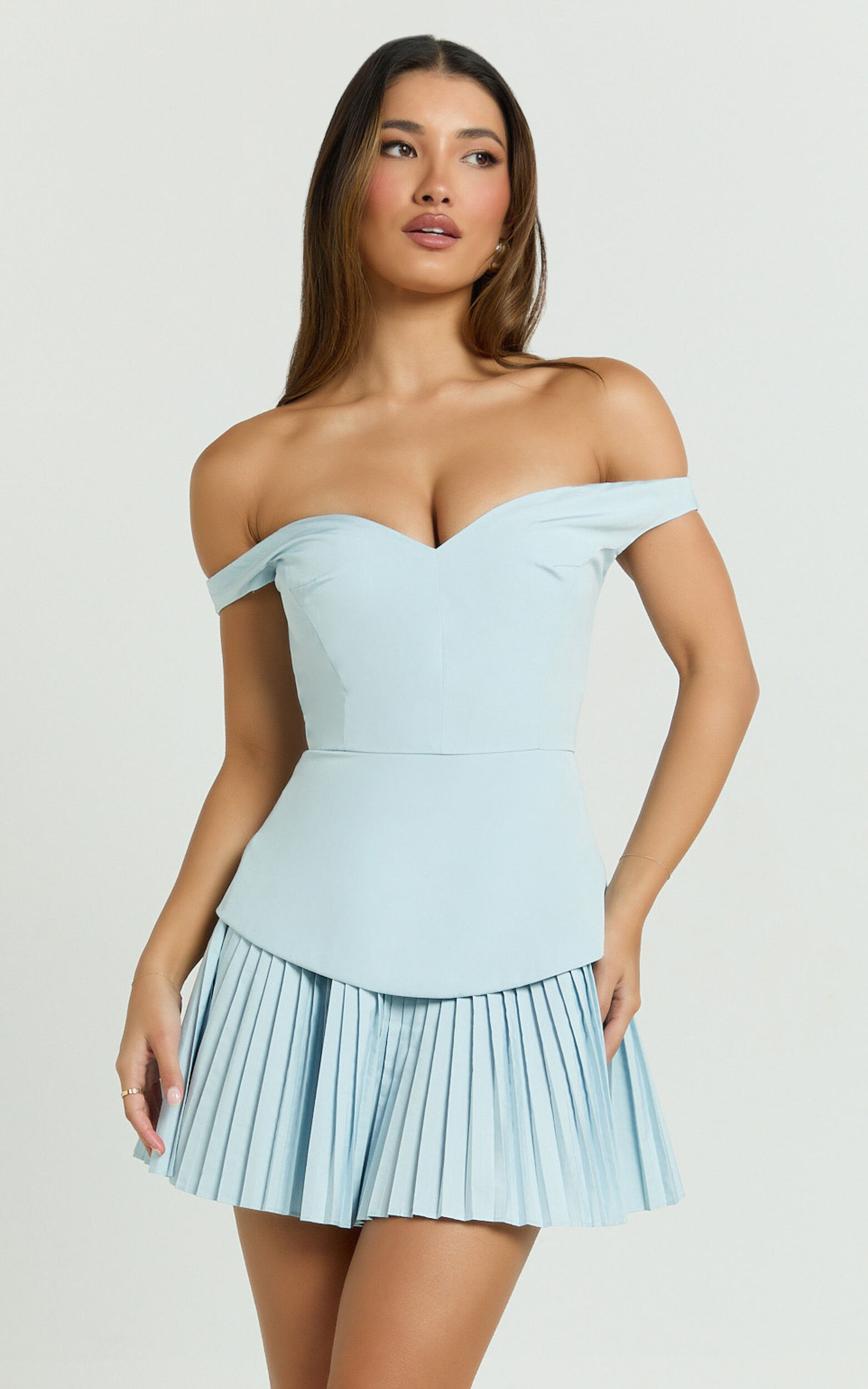 Izara Mini Dress - Off Shoulder Pleated Dress in Blue - 06, BLU1