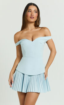 Izara Mini Dress - Off Shoulder Pleated Dress in Blue