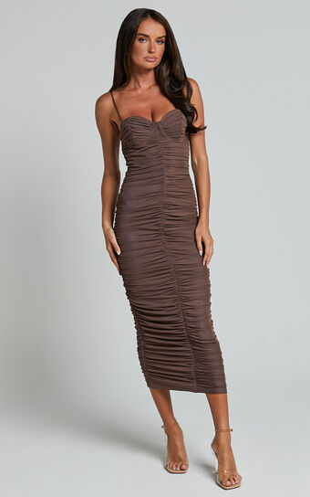 Leanor Midi Dress - Mesh Ruched Bustier Bodycon Dress in Chocolate