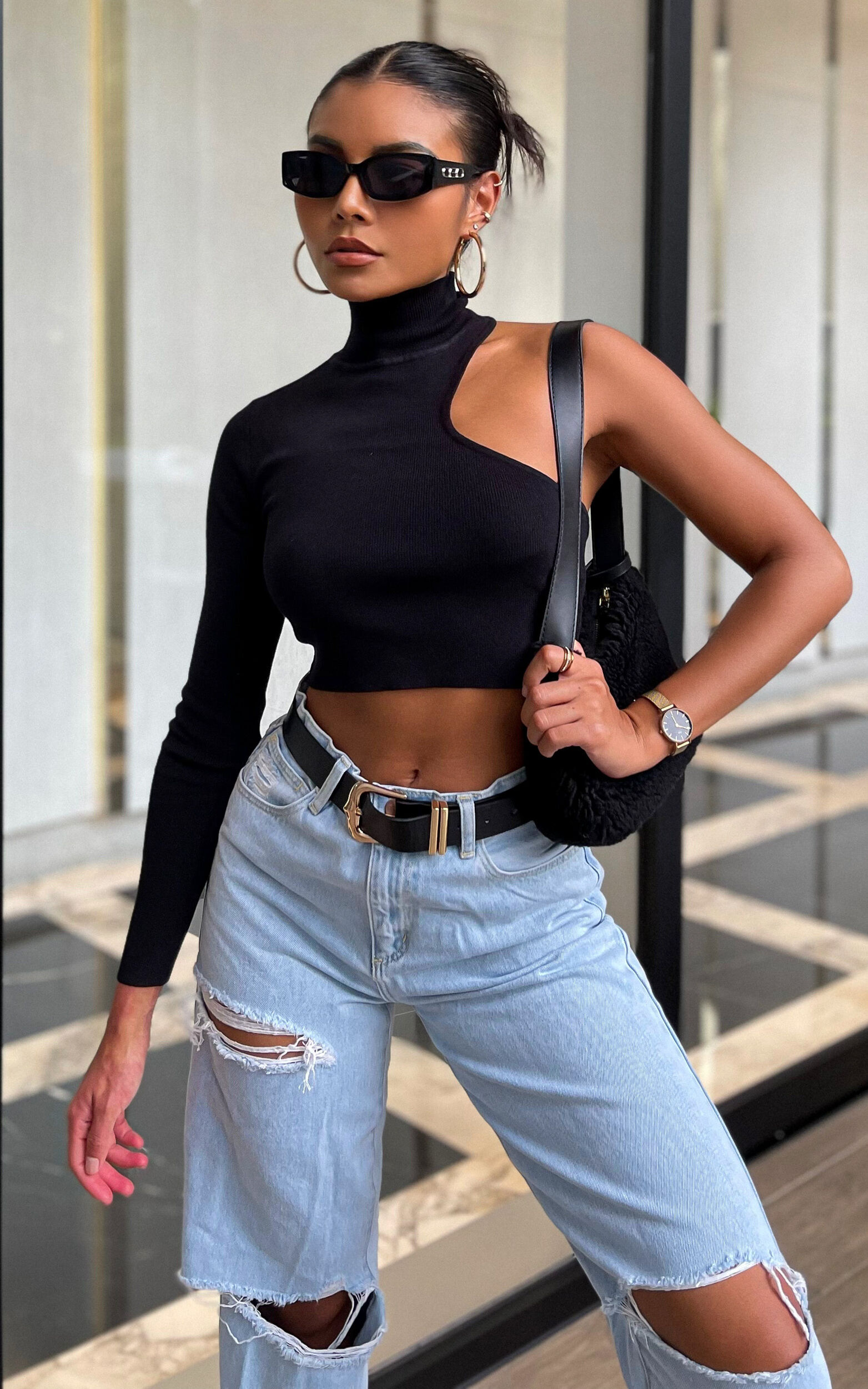 Yina knitted cut out one shoulder crop top in Black - 04, BLK1