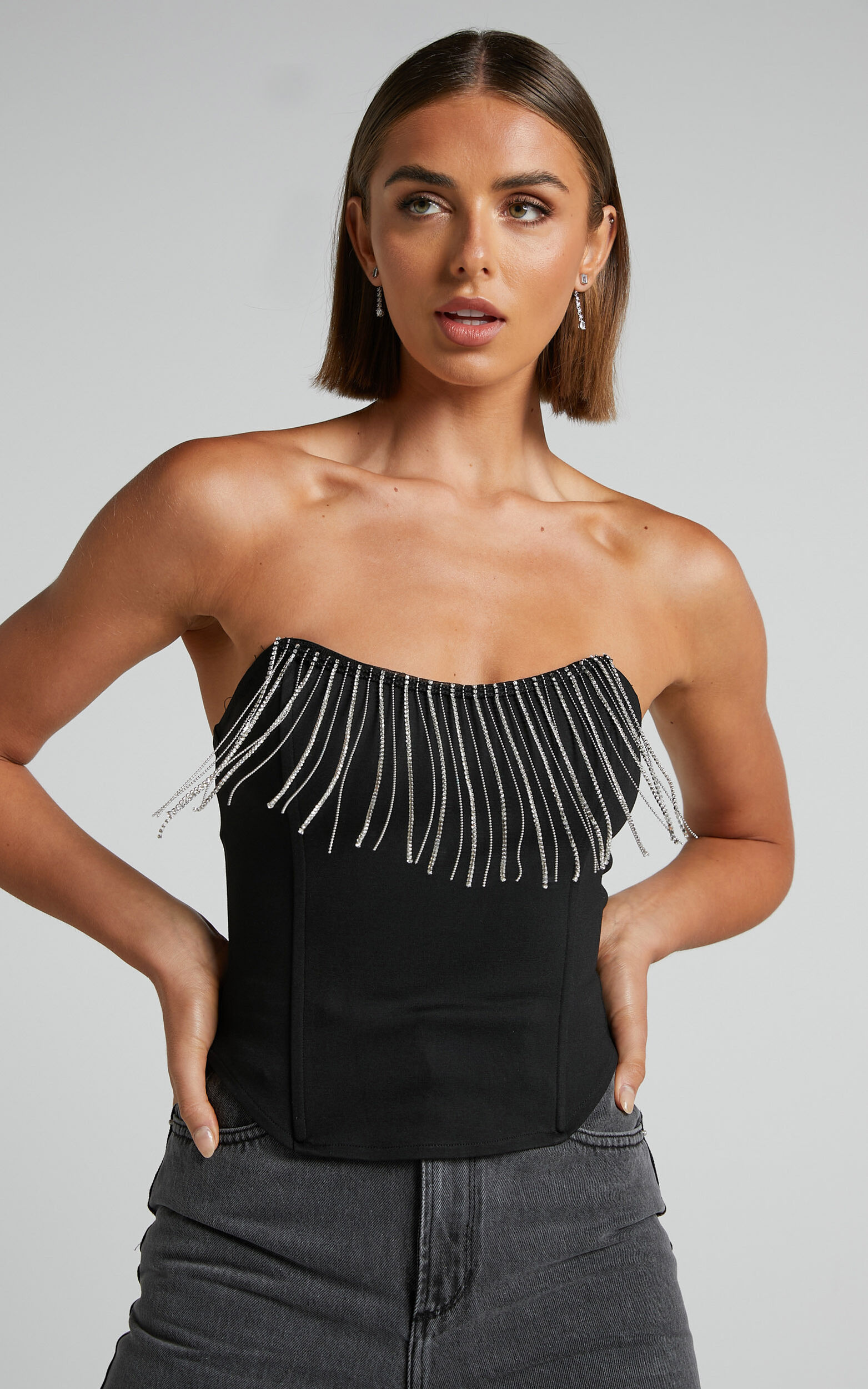 Shikita Top - Diamante Trim Strapless Corset Top in Black - 06, BLK1