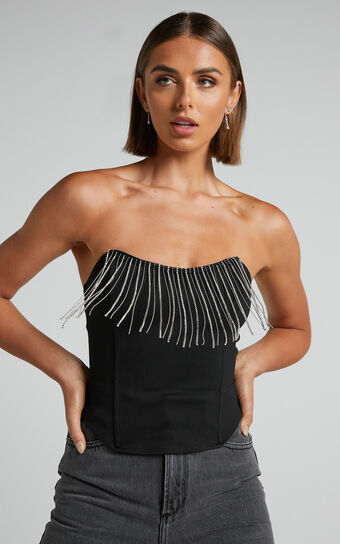 Shikita Top - Diamante Trim Strapless Corset Top in Black