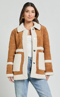 Shelley Coat - Faux Shearling Aviator Coat in Brown