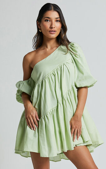 Harleen Mini Dress  Linen Look Asymmetrical Trim Puff Sleeve in