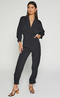 Ayelin Jumpsuit - Linen Look Relaxed 3/4 Sleeve Jumpsuit in Black