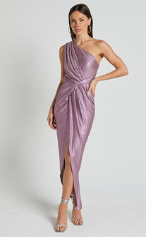 Davie Midi Dress - Metallic One Shoulder Front Wrap Dress in Soft Pink