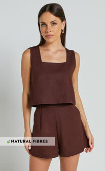 Marley Two Piece Set - Square Neck Top & Short Linen Look Set in Chocolate