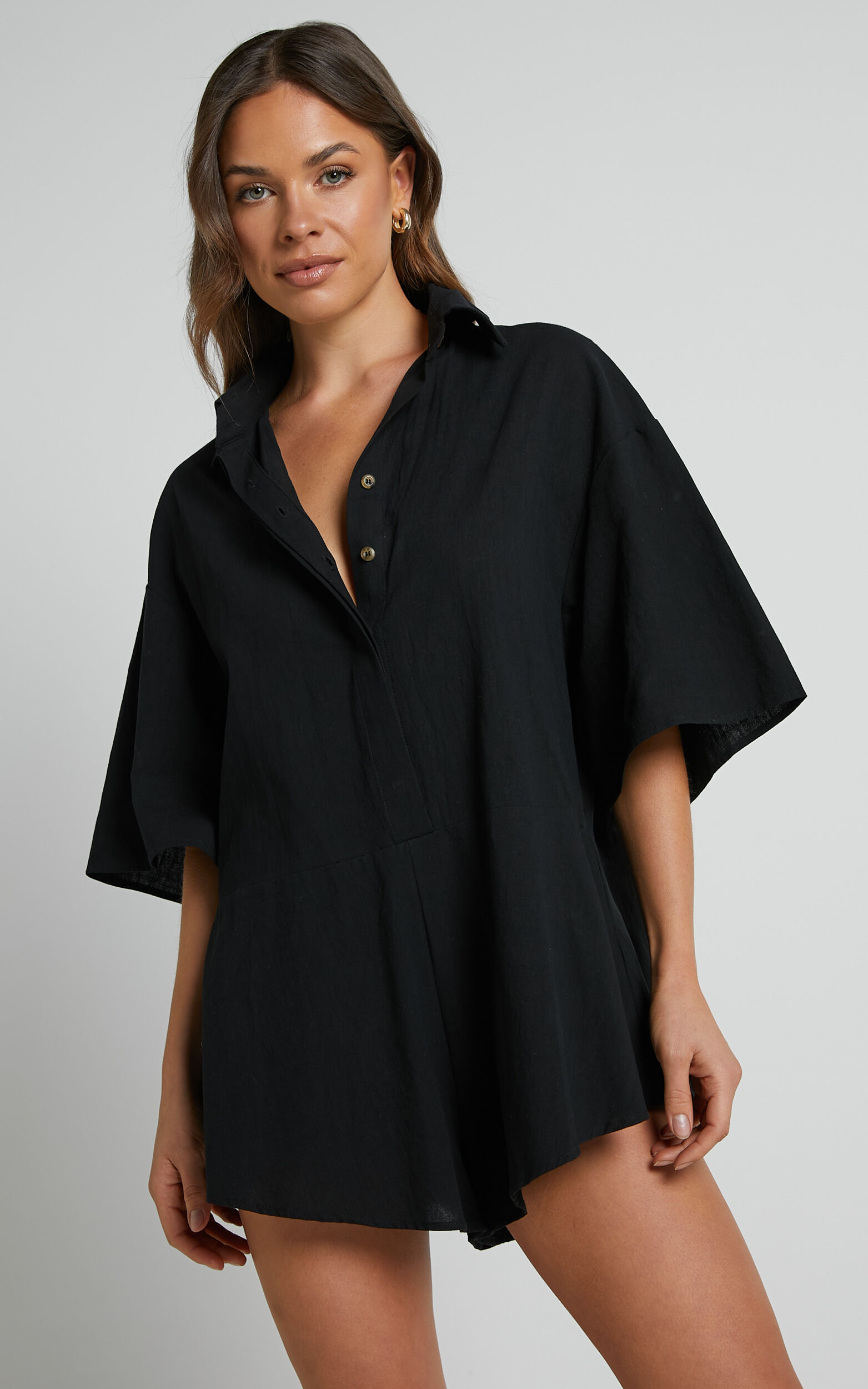 Ankana Playsuit - Short Sleeve Relaxed Button Front Playsuit in Black - 06, BLK1