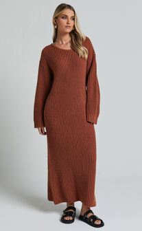 Amalie The Label - Beata Knitted Long Sleeve Midi Dress in Rust