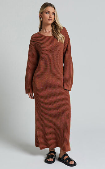Amalie The Label  Beata Knitted Long Sleeve Midi Dress in Rust