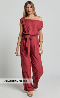 Adria Jumpsuit - Asymmetrical Short Sleeve Linen Jumpsuit in Clay