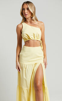 Meghan Two Piece Set - One Shoulder Crop Top and Midi Skirt Set in Butter