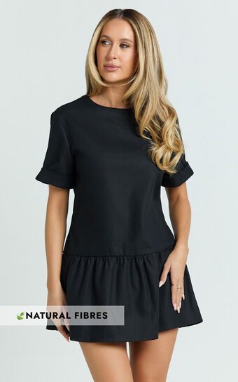 Lyons Mini Dress -  High Neck Short Sleeve Drop Waist Gathered Skirt Dress in Black