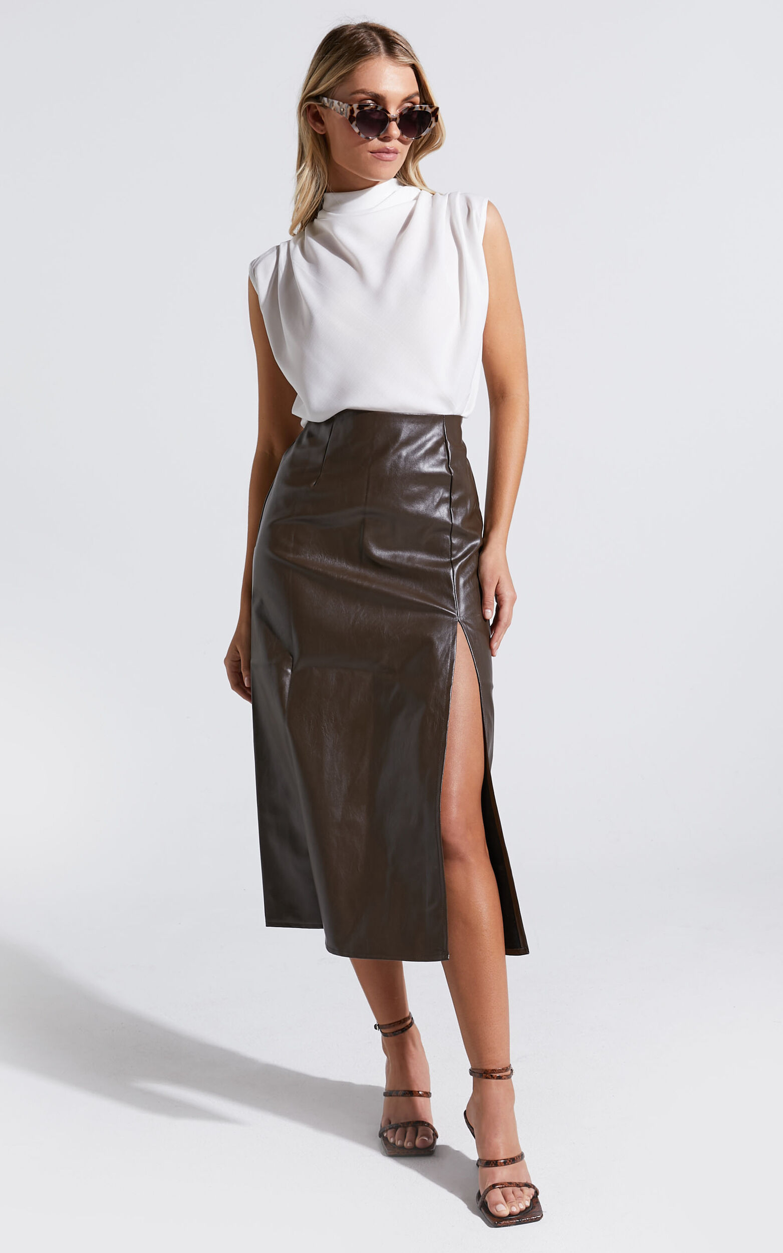 Bianca Midi Skirt Thigh Split Faux Leather Skirt in Brown Showpo