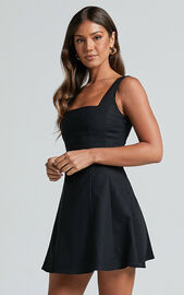 Adiana Mini Dress - Linen Look Square Neck Shirred Back A Line Dress in ...