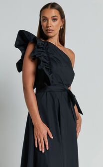 Almeida Midi Dress - One Shoulder Ruffle Detail Belted Dress in Black