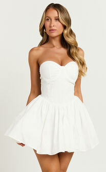 Suzanna Mini Dress - Strapless Pleat Full Skirt Mini in White