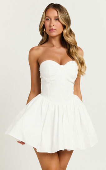 Suzanna Mini Dress - Strapless Pleat Full Skirt Mini in White