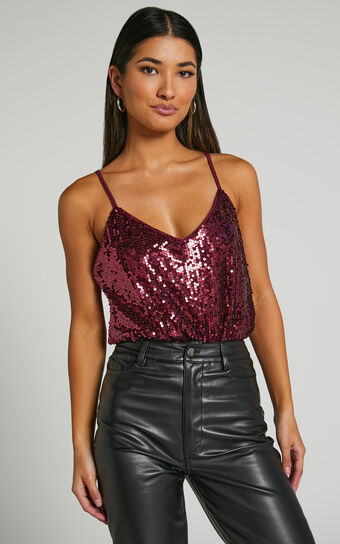 Manika Bodysuit - Sequin Bodysuit in Wine