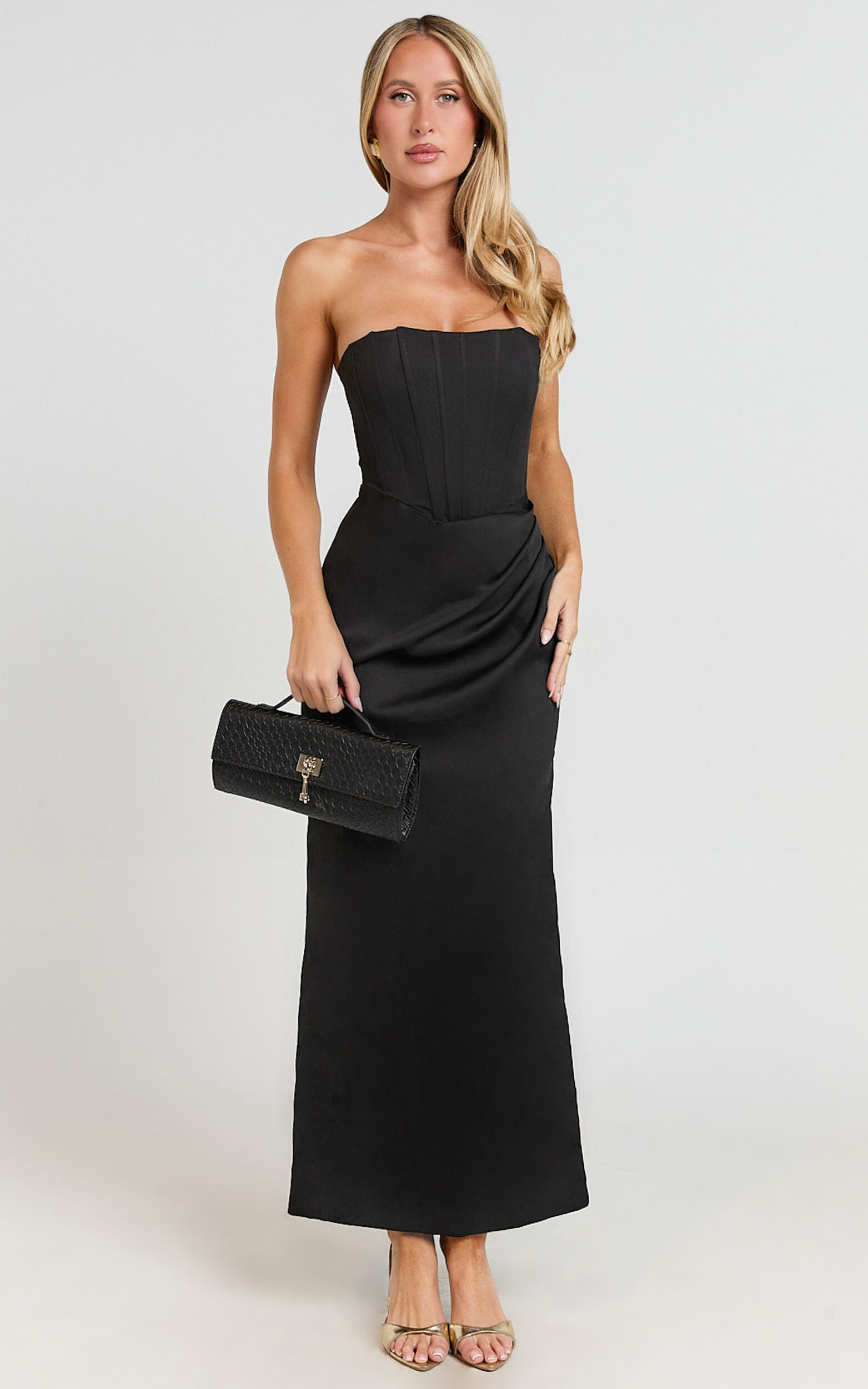 Avery Midi Dress - Strapless Draped Side Split Dress in Black - 06, BLK1