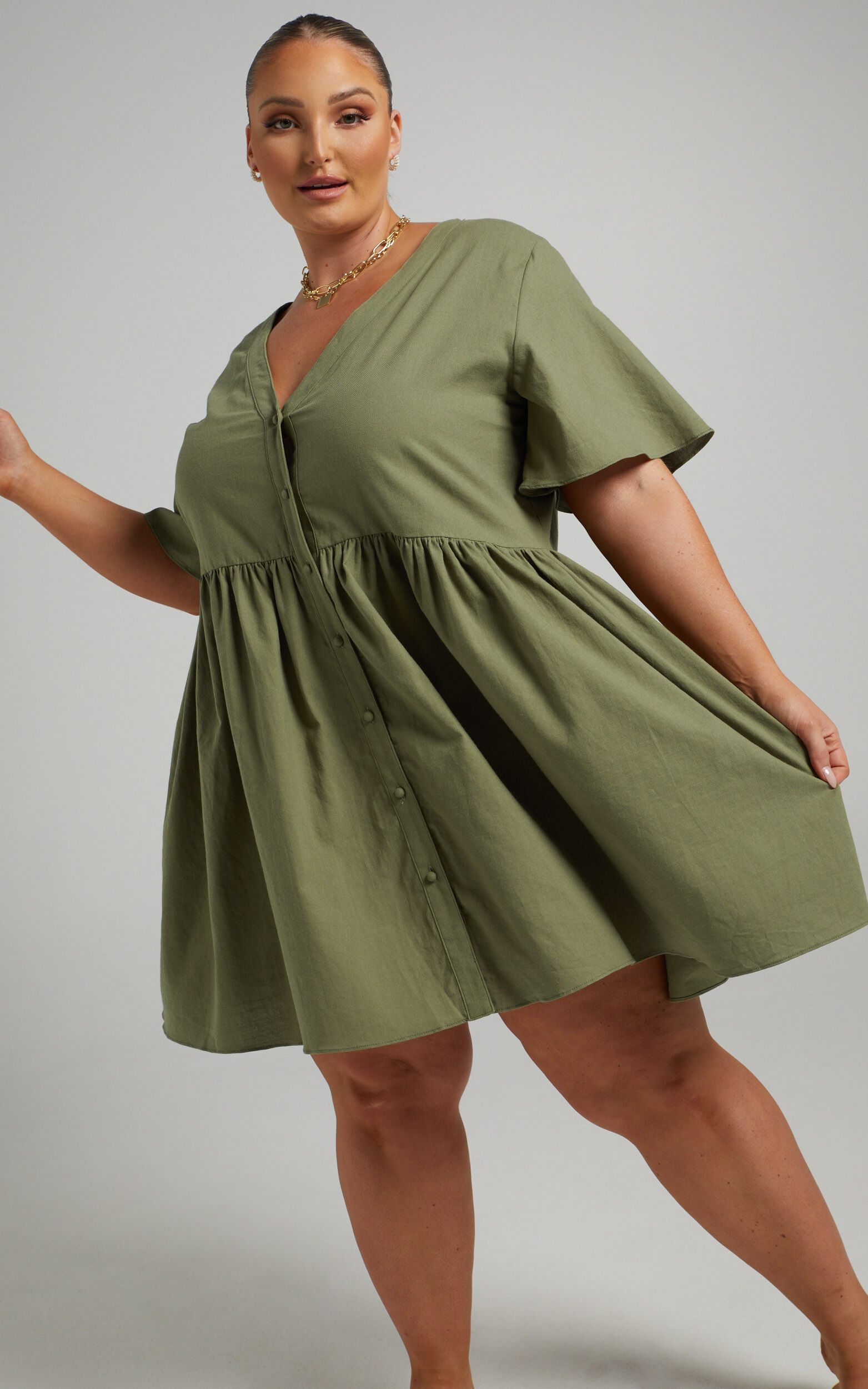Staycation Mini Dress Smock Button Up Dress in Khaki Showpo USA