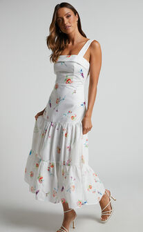 Shineey Midi Dress - Straight Neck Tiered Dress in Painterly Wild Flower
