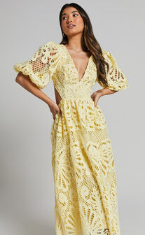 Anieshaya Midi Dress - V Neck Cut Out Lace Dress in Lemon