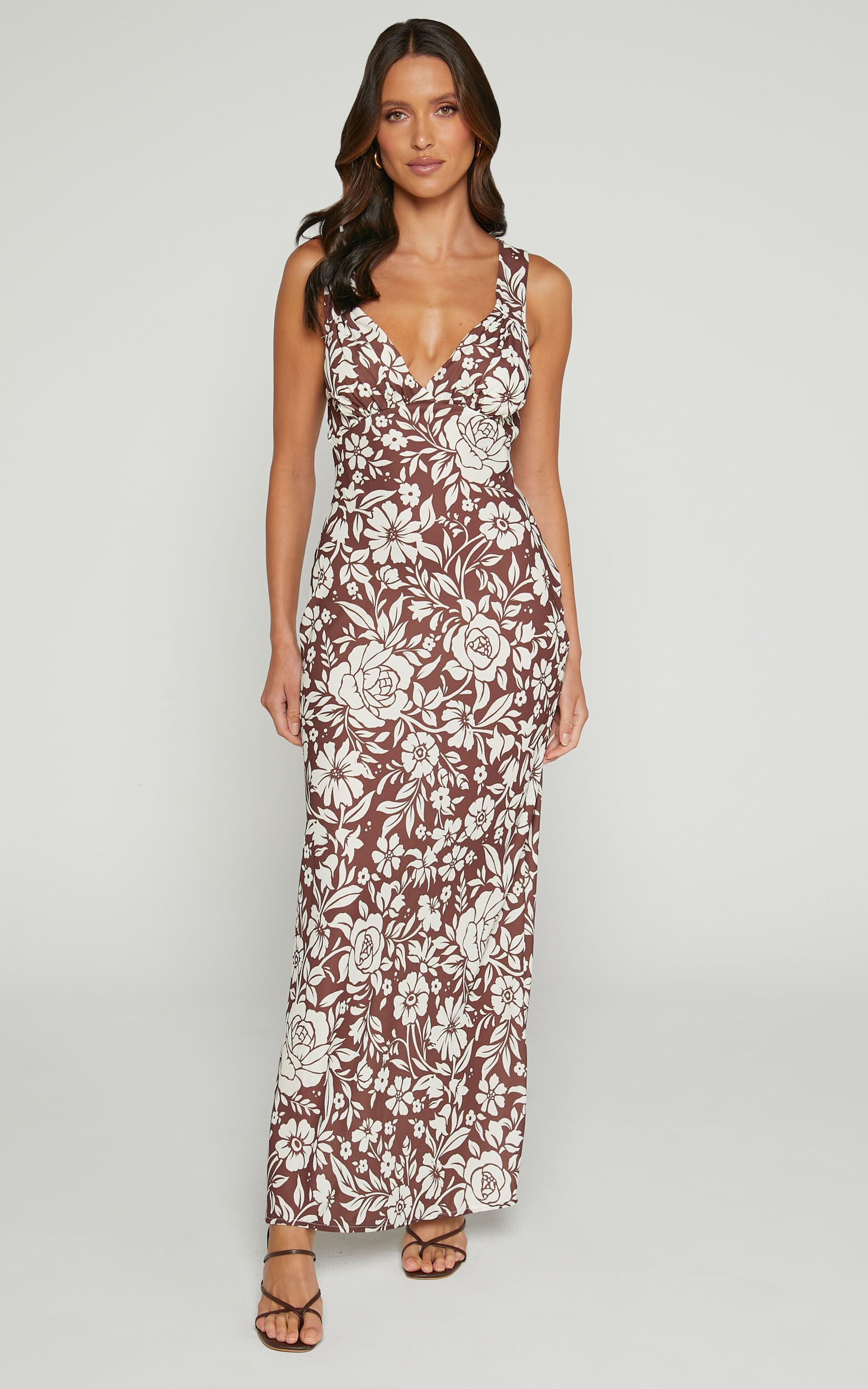 Mauriel Midi Dress - Deep V Gathered Bust Slip Dress in Brown Floral - 06, BRN2