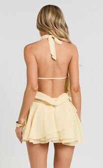 Eleonor Mini Dress - Halter Plunge Ruched  Fit And Flare Dress in Lemon