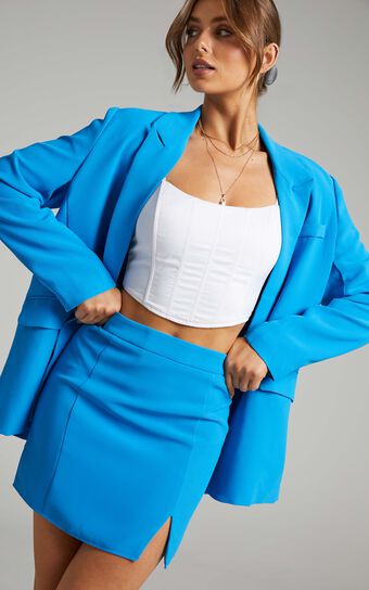 Evelenna Mini Skirt - High Waisted Split Skirt in Blue