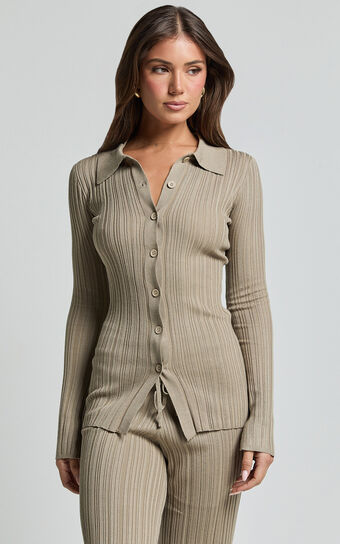Kelsey Top - Button Through Long Sleeve Knitted Top in Taupe Showpo