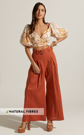 Amalie The Label - Reine Linen Blend High Waisted Wide Leg Pleat Pants in Burnt Sienna