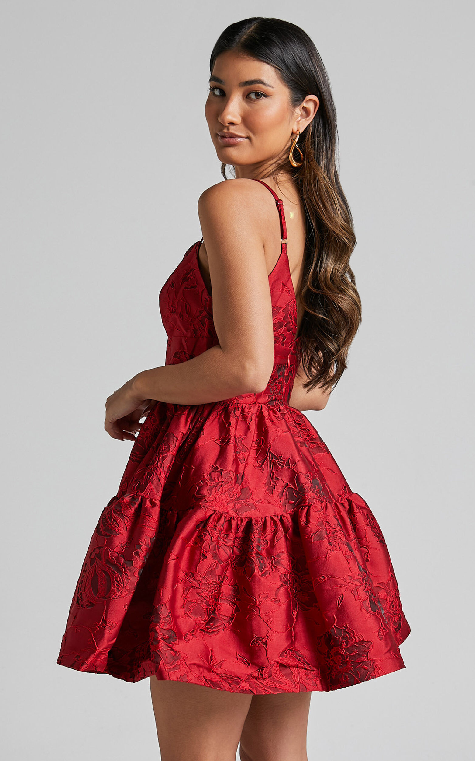 Britany Mini Dress - V Neck Tiered Strappy Tiered Fit and Flare Dress in Red