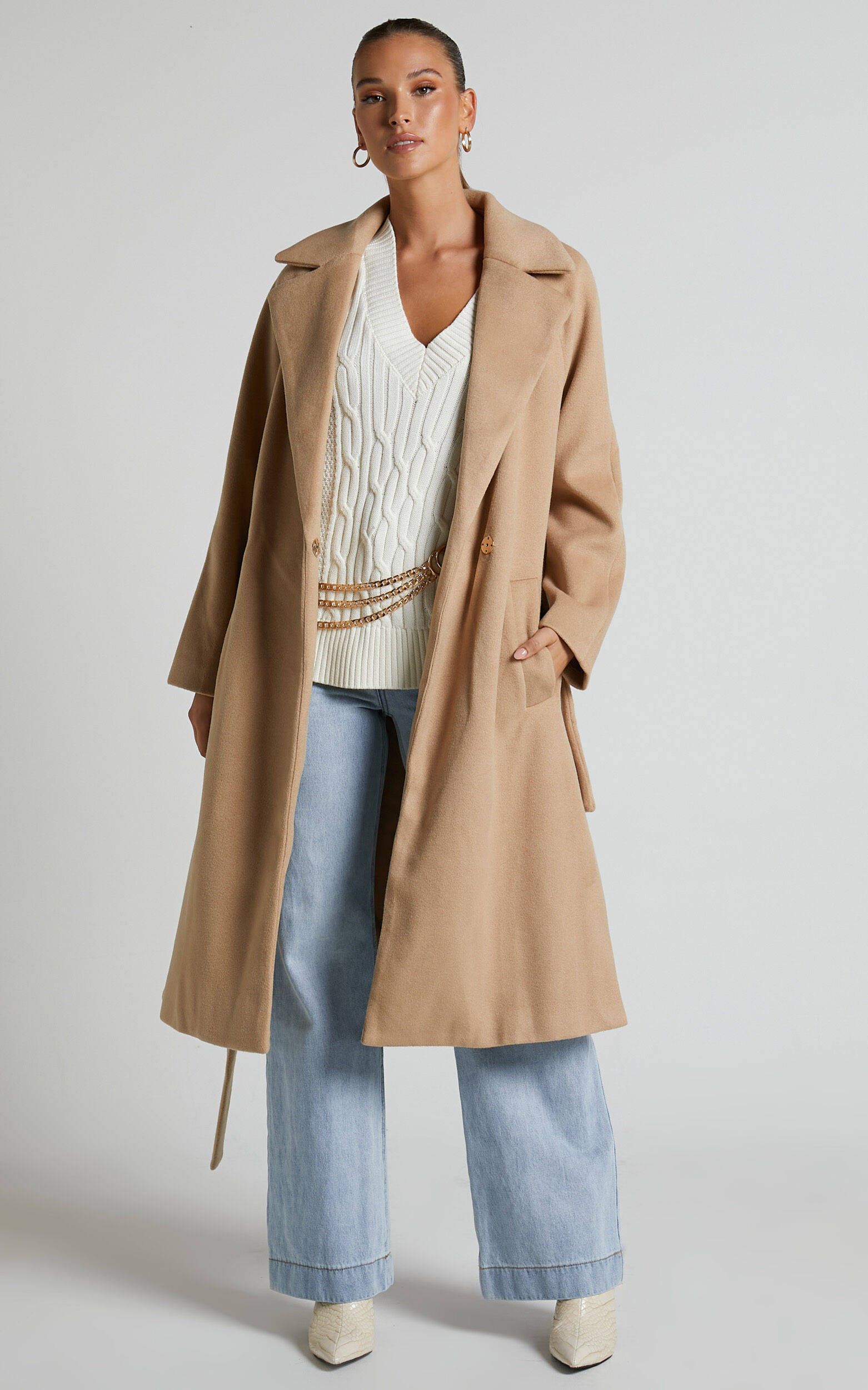 Mariles Coat Belted Wrap Coat in Camel Showpo EU