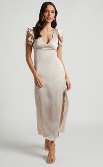 Phagie Midi Dress - Deep V Ruffle Sleeve Side Split Dress in Champagne