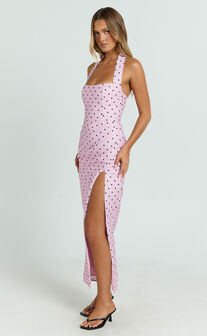 Leni Midi Dress - Off Shoulder V Neck Tucked Side Leg Split Skirt Fitted Dress in Pink