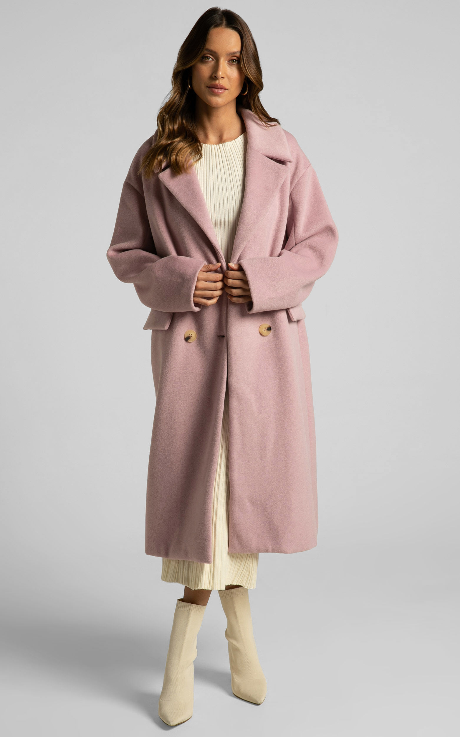 Libee Coat Double Breasted Longline Coat in Dusty Pink