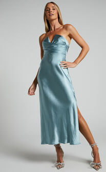 Jaslynn Midi Dress - Strapless V Neck Satin Dress in Ice Blue