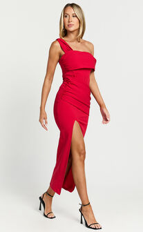 Almaida Midi Dress - Off Shoulder Ruched Side Dress in Red